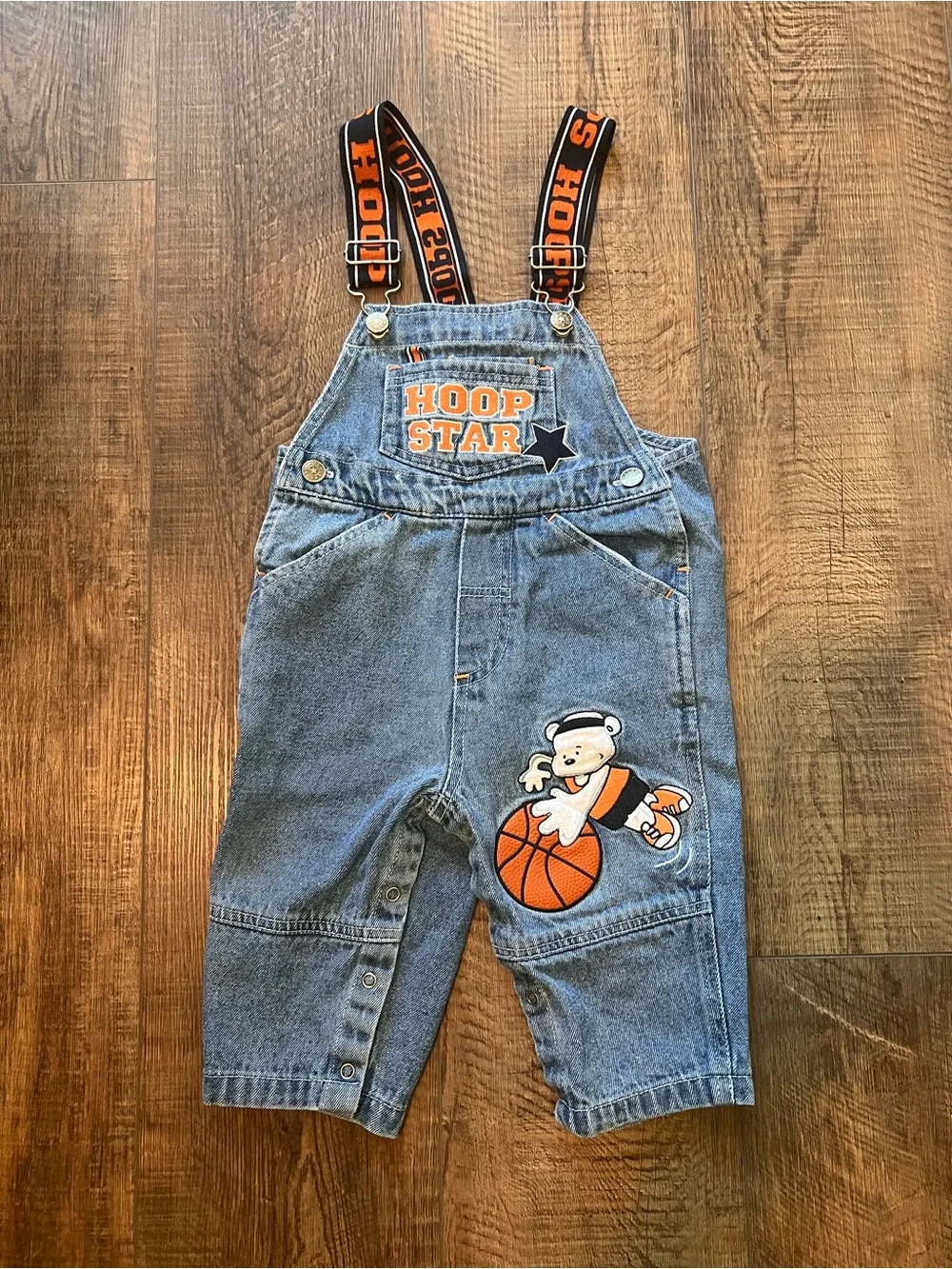 Vintage Hoop Star Kids Denim Overalls - Blue with Orange Accents